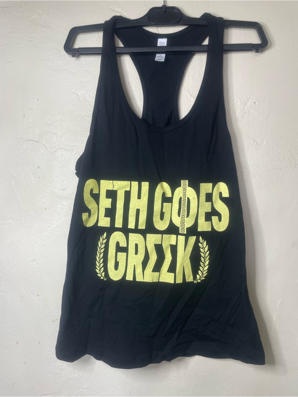 Womens Black Racerback Tank Top Shirt M "Seth Goes Greek" Graphic Print